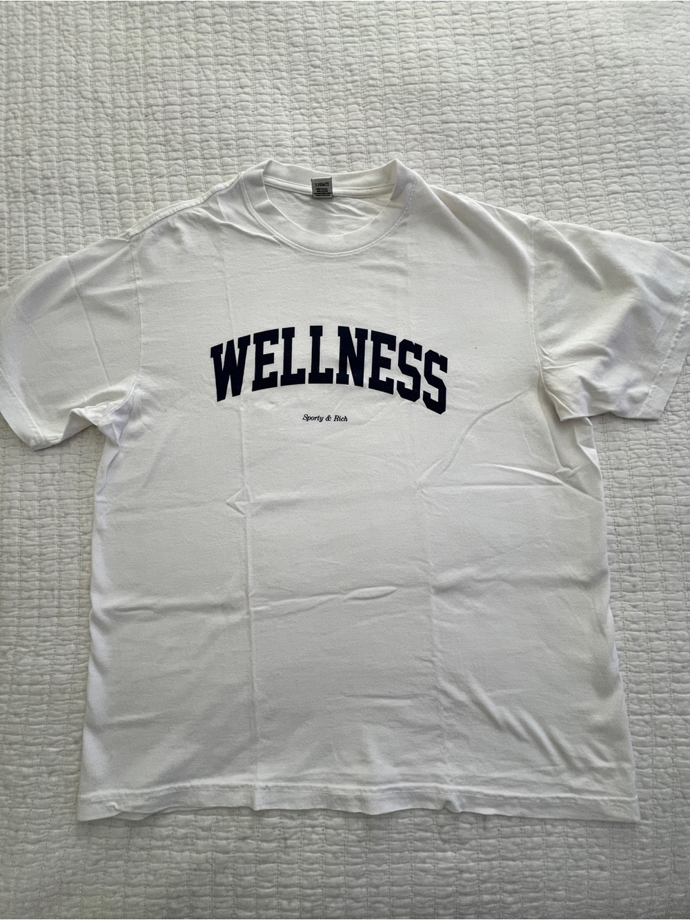Sporty & Rich White Tee with Navy 'WELLNESS' Graphic